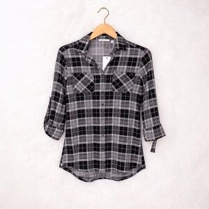 Notations Black Gray Plaid Button Down Top NWT Roll Tab Sleeve Size Small